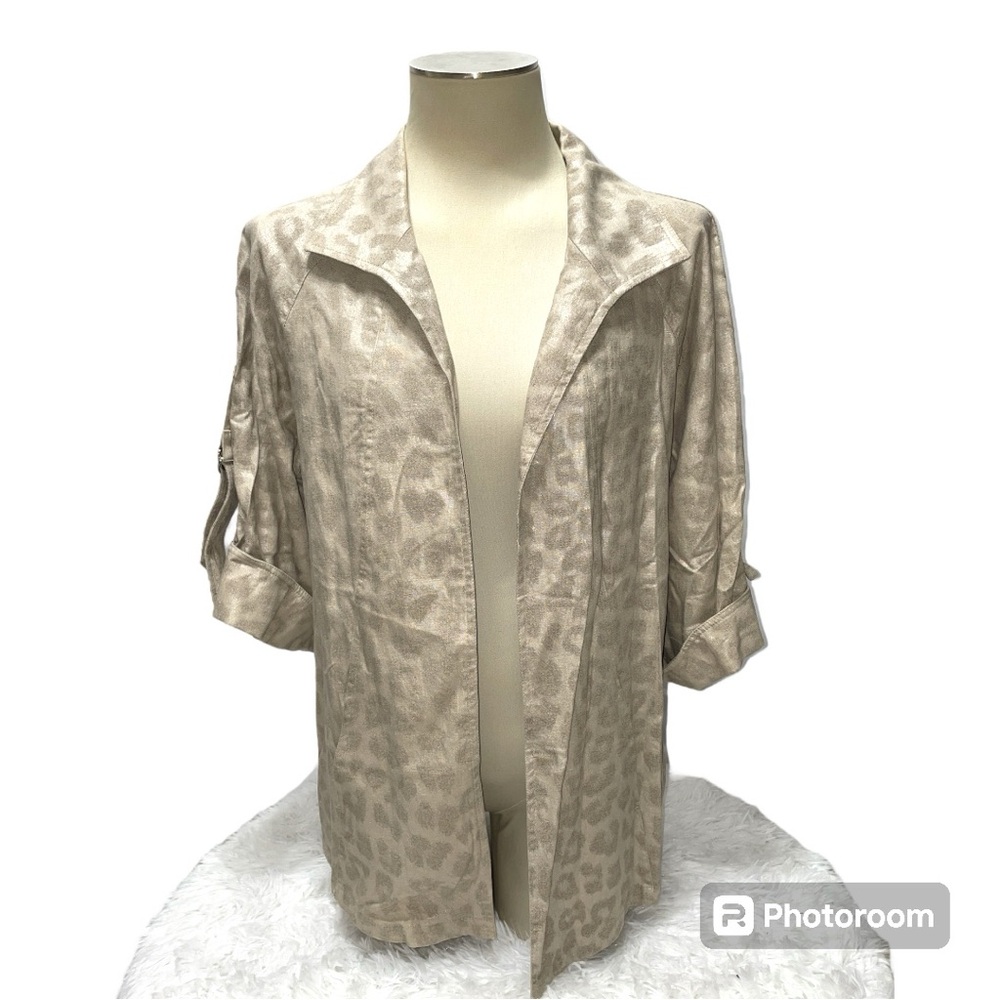 Linear Linen Blend Open Front Leopard Print Blazer Cardigan Size 1X